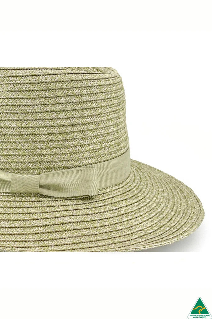 Banksia Flexibraid® Hat in green with reverse trilby shape, 8cm brim, 10cm crown, tonal ribbon, and ComfyFit adjustable internal band.