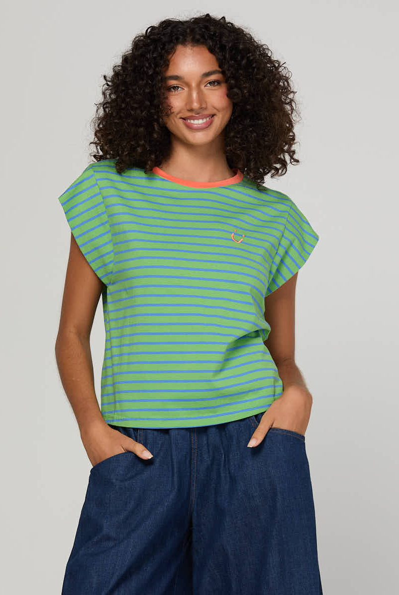 Boom Shankar Bellissimo Tee with blue stripes, chilli orange contrast neckline, cap sleeves and signature SMILE embroidery on the chest.