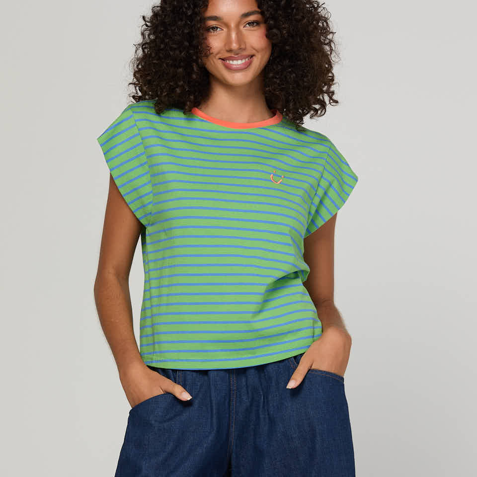 Boom Shankar Bellissimo Tee with blue stripes, chilli orange contrast neckline, cap sleeves and signature SMILE embroidery on the chest.