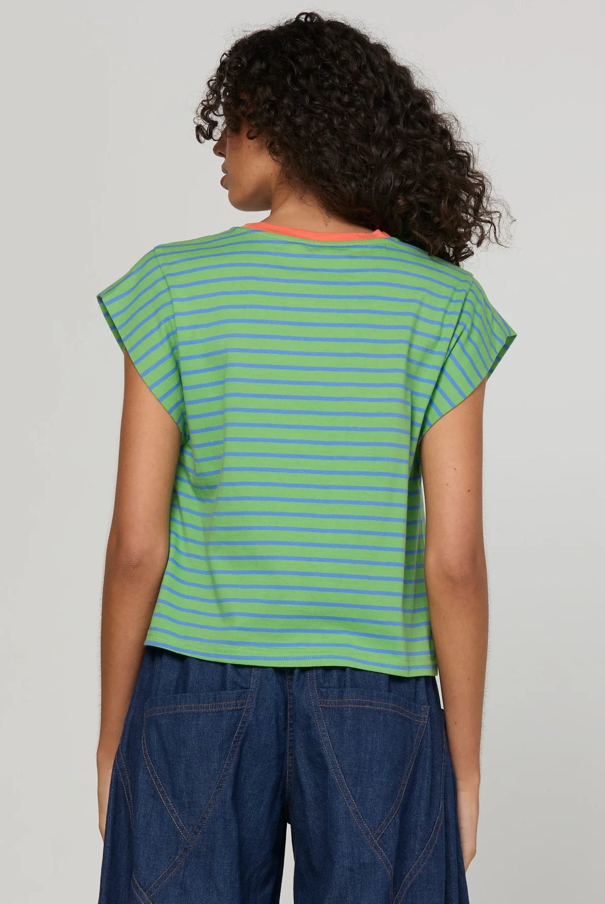 Boom Shankar Bellissimo Tee with blue stripes, chilli orange contrast neckline, cap sleeves and signature SMILE embroidery on the chest.