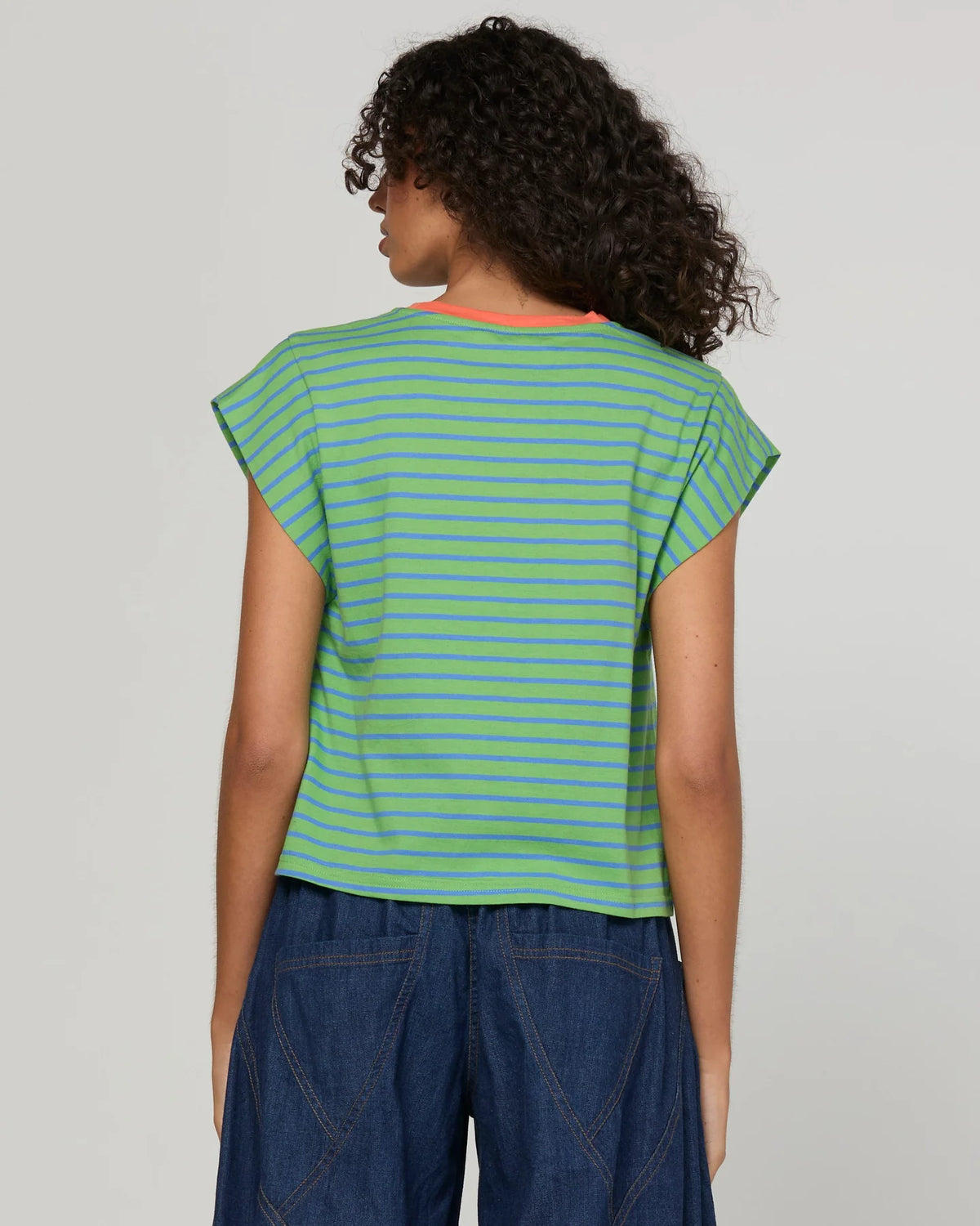 Boom Shankar Bellissimo Tee with blue stripes, chilli orange contrast neckline, cap sleeves and signature SMILE embroidery on the chest.