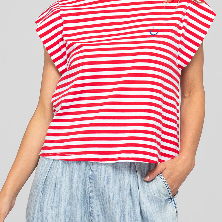 Boom Shankar Bellissimo Tee with blue stripes, chilli orange contrast neckline, cap sleeves and signature SMILE embroidery on the chest.
