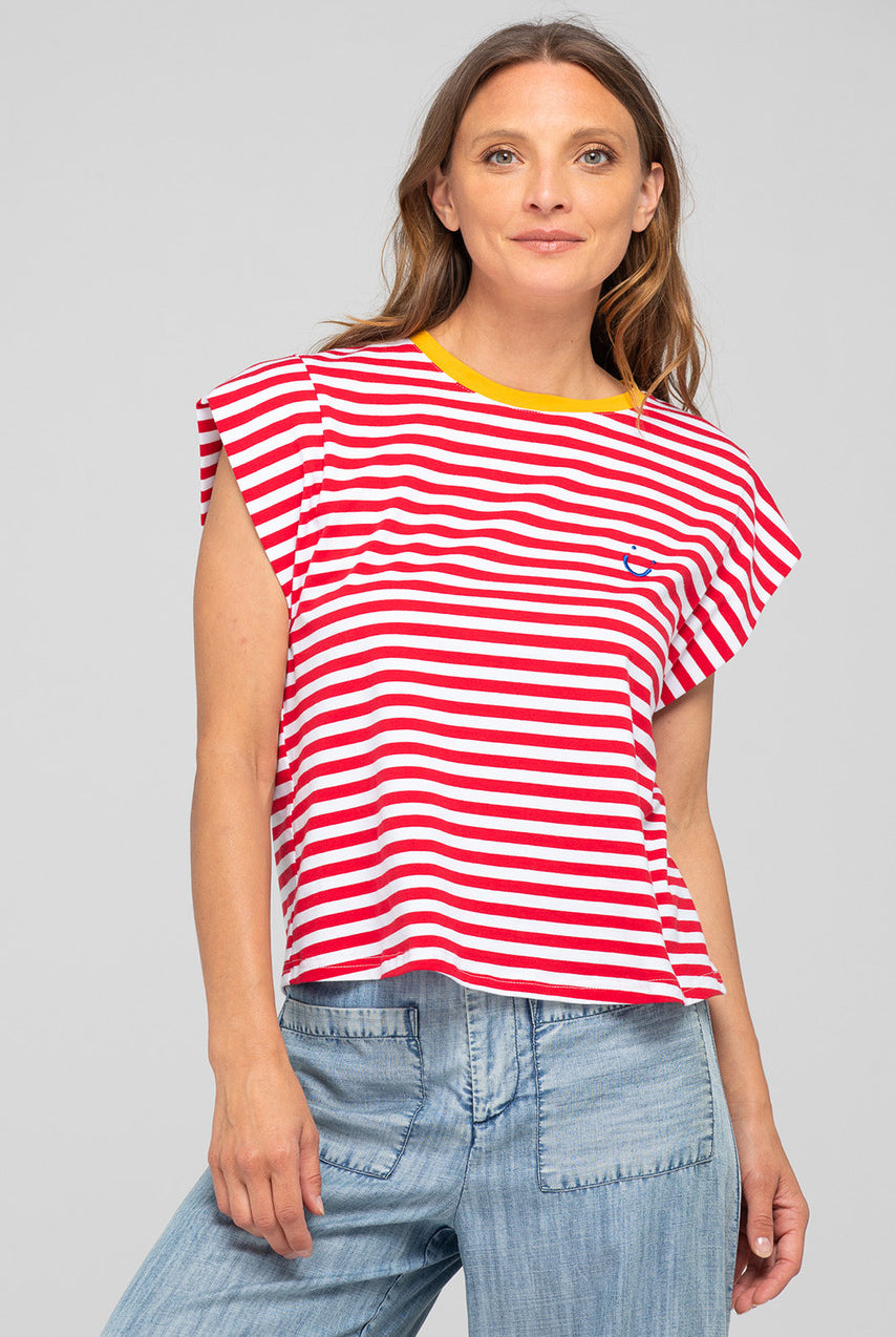 Boom Shankar Bellissimo Tee with blue stripes, chilli orange contrast neckline, cap sleeves and signature SMILE embroidery on the chest.
