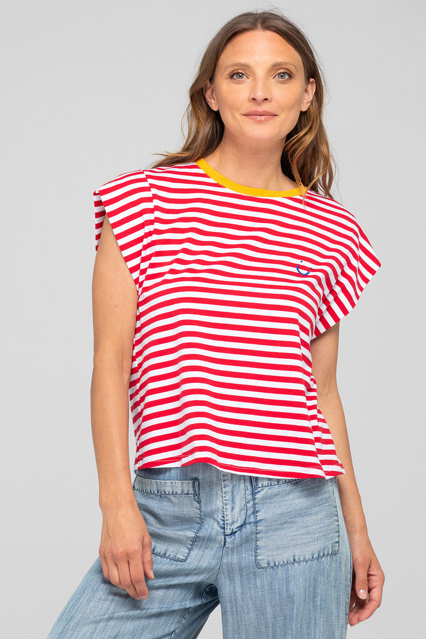 Boom Shankar Bellissimo Tee with blue stripes, chilli orange contrast neckline, cap sleeves and signature SMILE embroidery on the chest.
