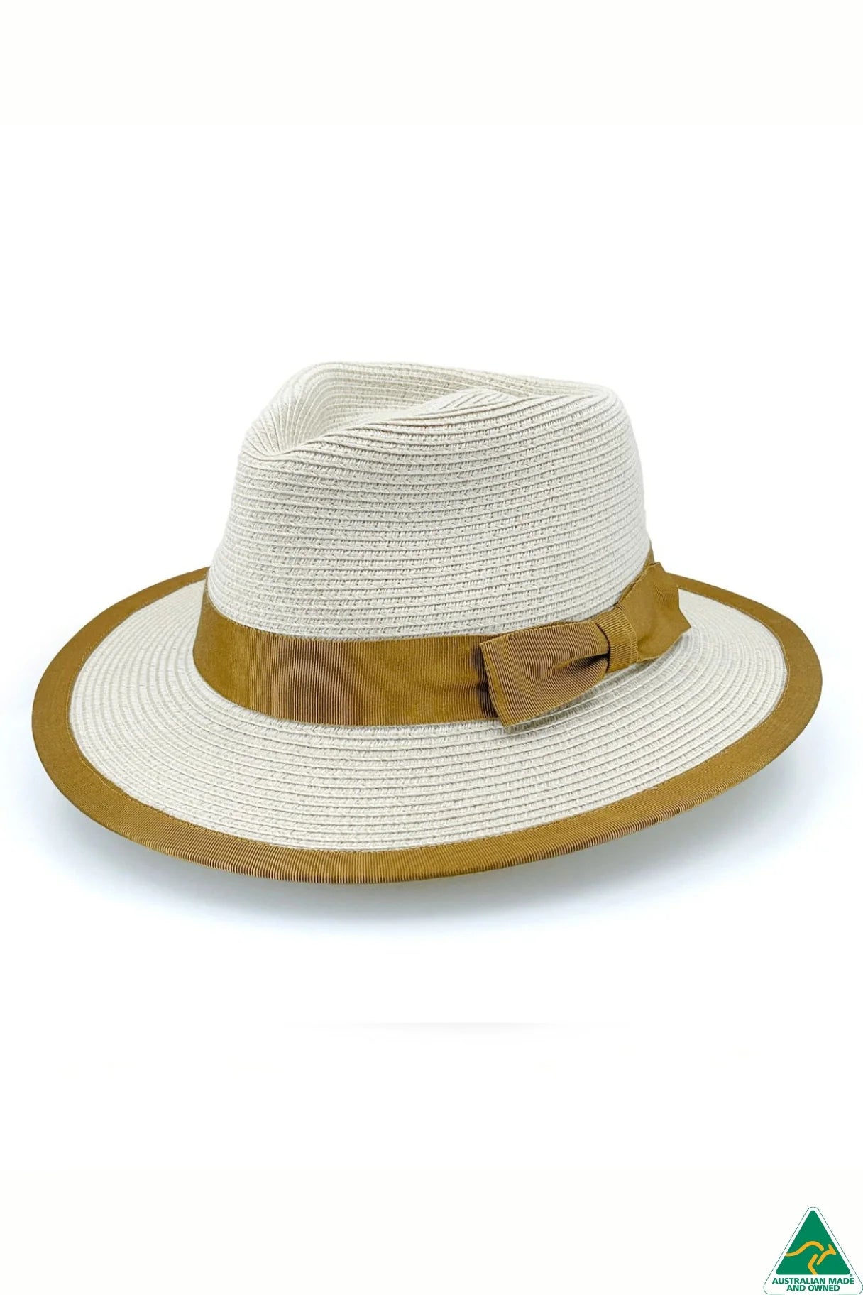 Beige and caramel Boston fedora with gold ribbon trim, wide brim, and structured crown.