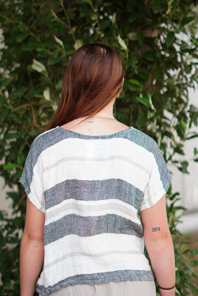 Carina Box Top in black stripey design, featuring a relaxed, boxy fit and classic striped pattern for a versatile, stylish look.