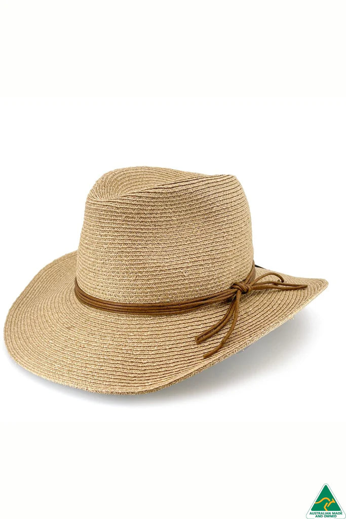 Brampton Raffia Hat in natural raffia with moldable wire brim, multi-strand leather band, and ComfyFit adjustor for a custom, secure fit.