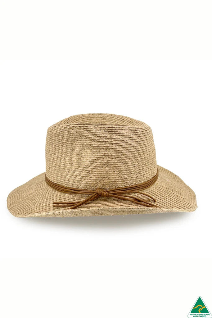 Brampton Raffia Hat in natural raffia with moldable wire brim, multi-strand leather band, and ComfyFit adjustor for a custom, secure fit.