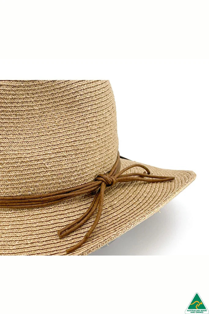 Brampton Raffia Hat in natural raffia with moldable wire brim, multi-strand leather band, and ComfyFit adjustor for a custom, secure fit.