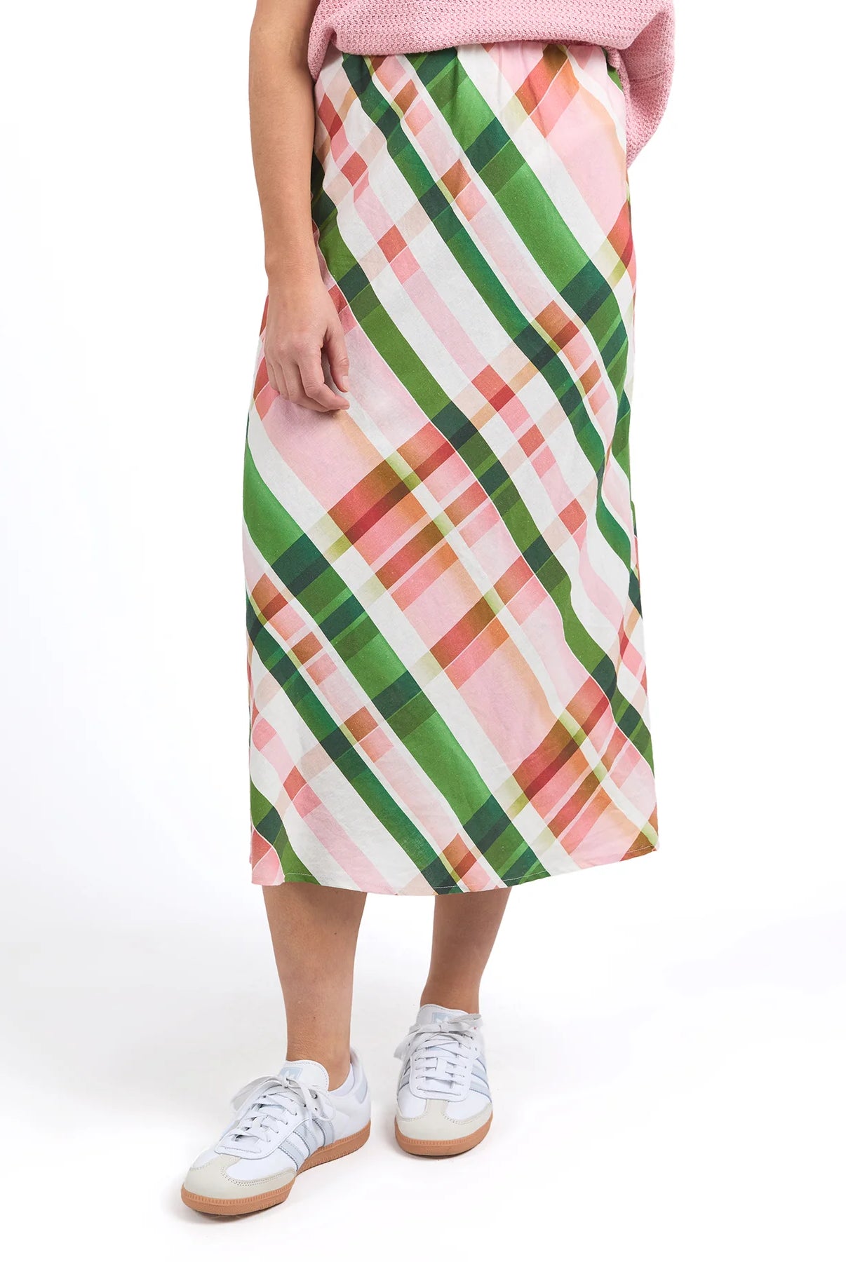 Bree Check Skirt in multi-check pattern, featuring a midi length, elastic waist, and soft linen-viscose fabric. Perfect for casual, chic outfits.