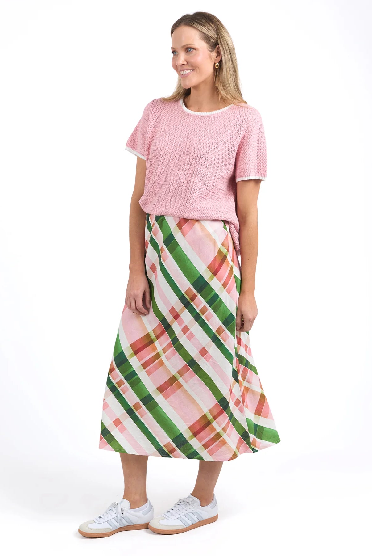 Bree Check Skirt in multi-check pattern, featuring a midi length, elastic waist, and soft linen-viscose fabric. Perfect for casual, chic outfits.