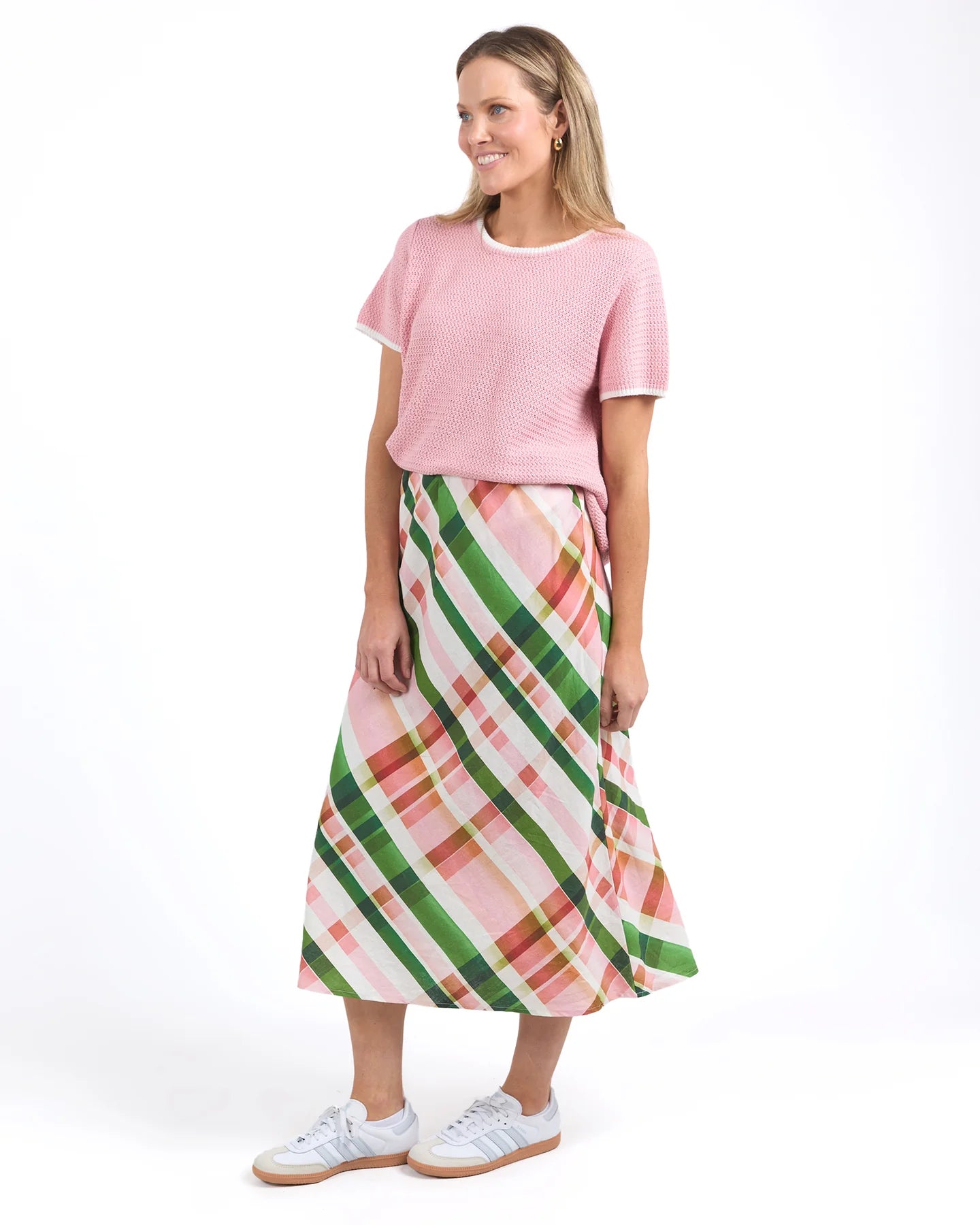 Bree Check Skirt in multi-check pattern, featuring a midi length, elastic waist, and soft linen-viscose fabric. Perfect for casual, chic outfits.