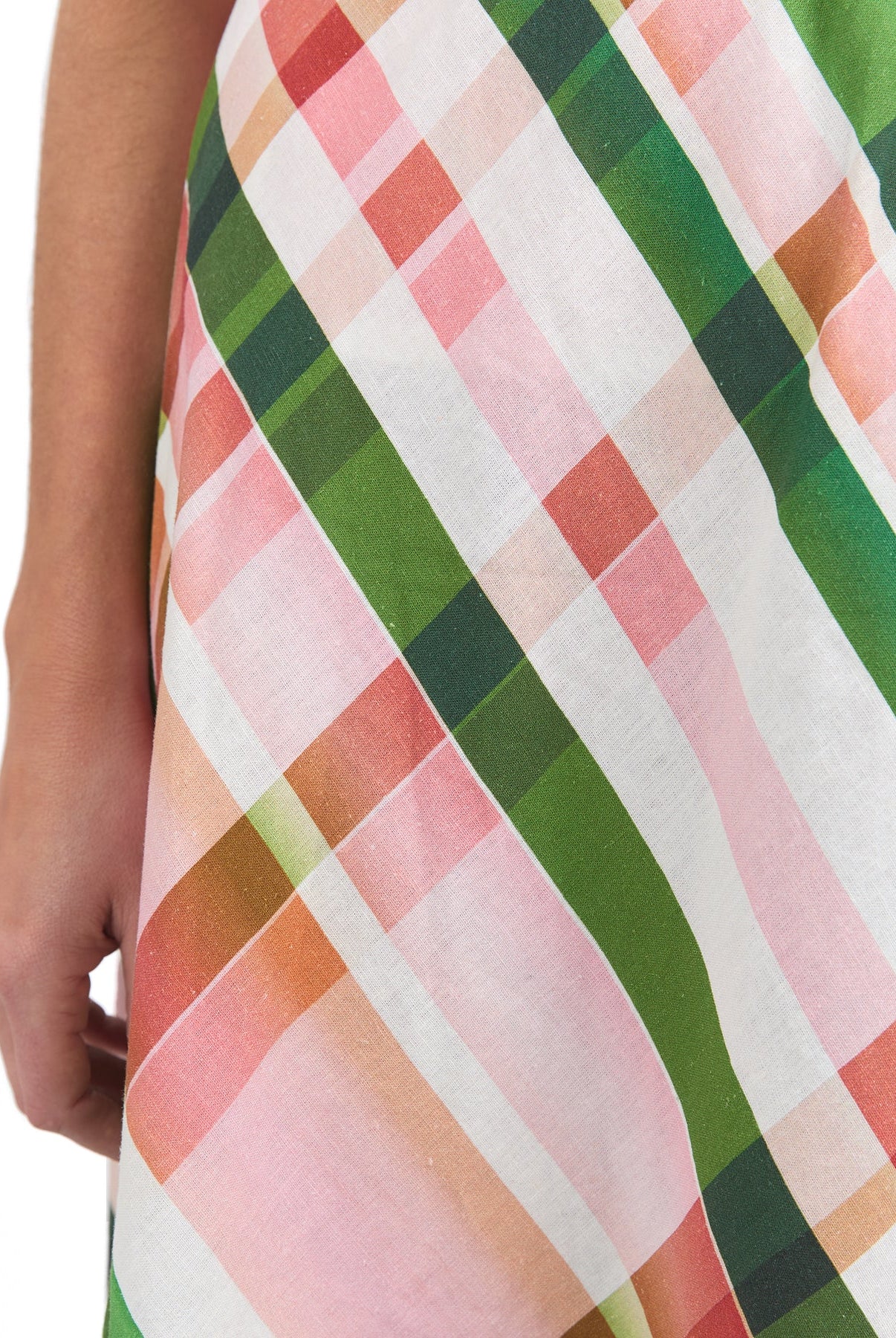 Bree Check Skirt in multi-check pattern, featuring a midi length, elastic waist, and soft linen-viscose fabric. Perfect for casual, chic outfits.