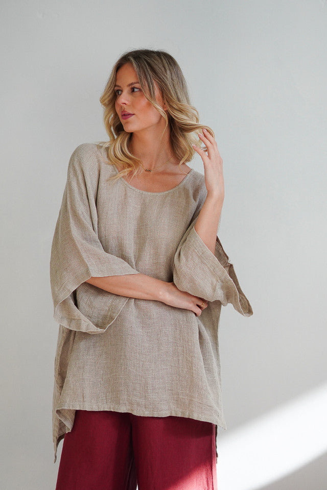 Natural Carlotta mesh linen top with wide sleeves, relaxed fit and lightweight breathable texture.