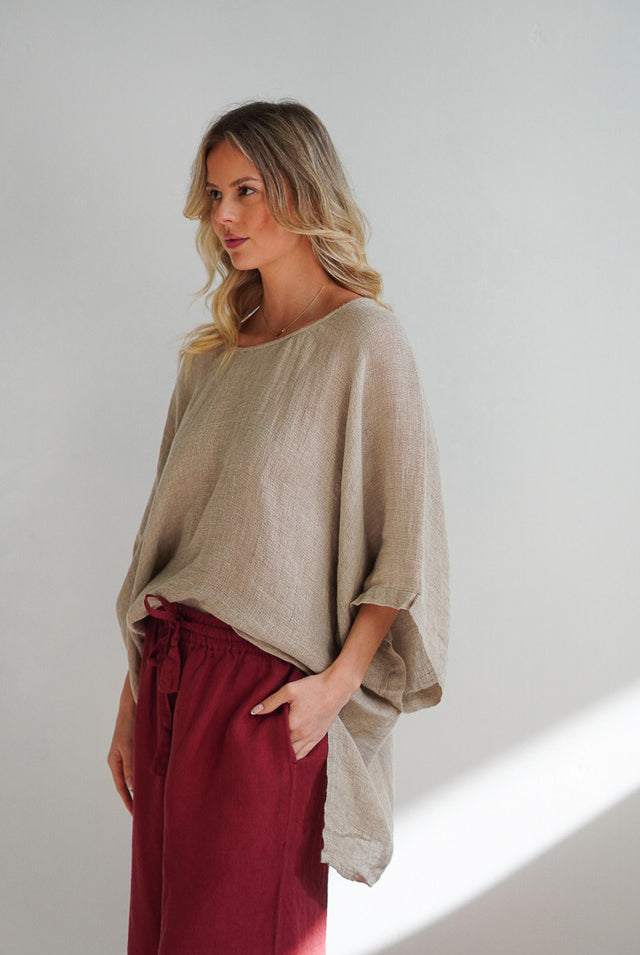 Natural Carlotta mesh linen top with wide sleeves, relaxed fit and lightweight breathable texture.