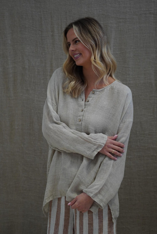 Natural Cecilia gauze linen top with button front, relaxed fit and soft, breathable stonewashed texture.