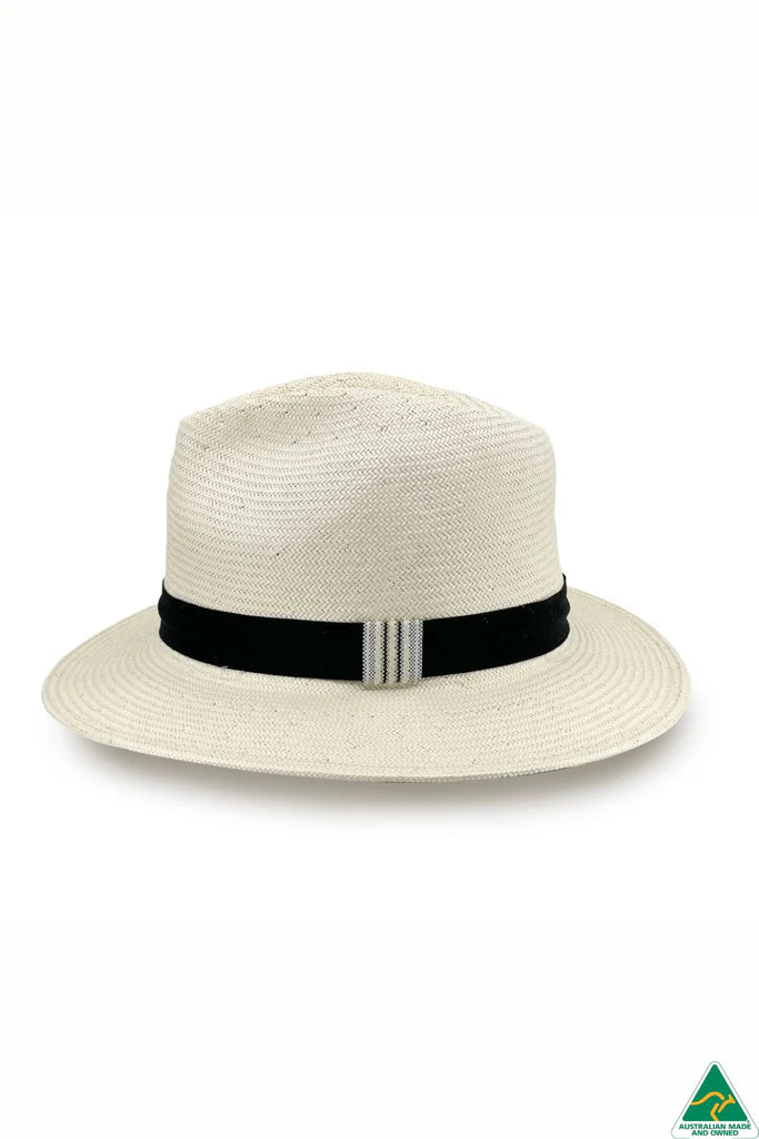 Clarence Glazed Straw Fedora in ivory with 6.5cm brim, 11cm crown, deep navy ribbon band with side detail, and ComfyFit adjustable internal band.