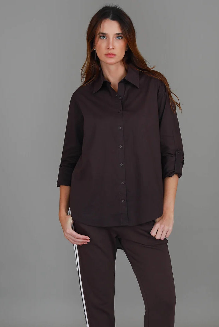 Espresso Croydon Long Sleeve Shirt featuring an oversized fit, classic collar, button front, full-length sleeves and curved hi-lo hemline.