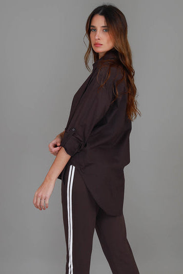 Espresso Croydon Long Sleeve Shirt featuring an oversized fit, classic collar, button front, full-length sleeves and curved hi-lo hemline.