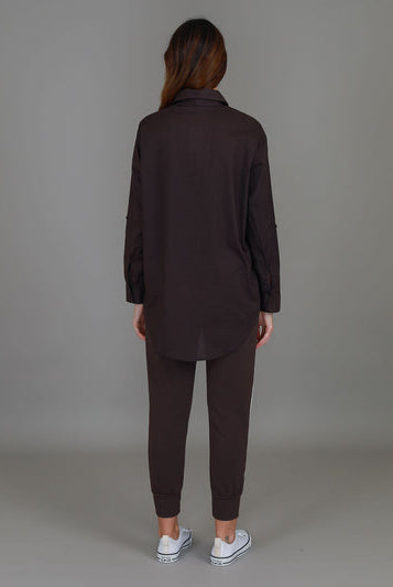 Espresso Croydon Long Sleeve Shirt featuring an oversized fit, classic collar, button front, full-length sleeves and curved hi-lo hemline.