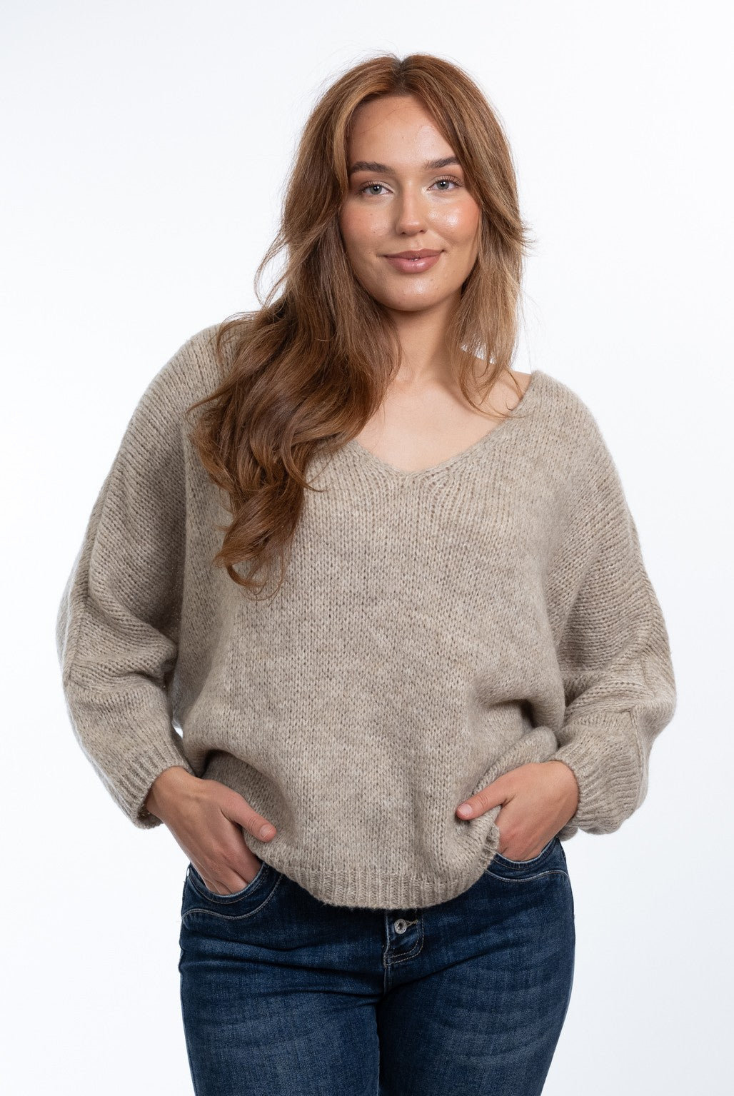 Daria Jumper with a flattering V-neck, relaxed batwing sleeves and an oversized fit, styled for effortless everyday comfort.