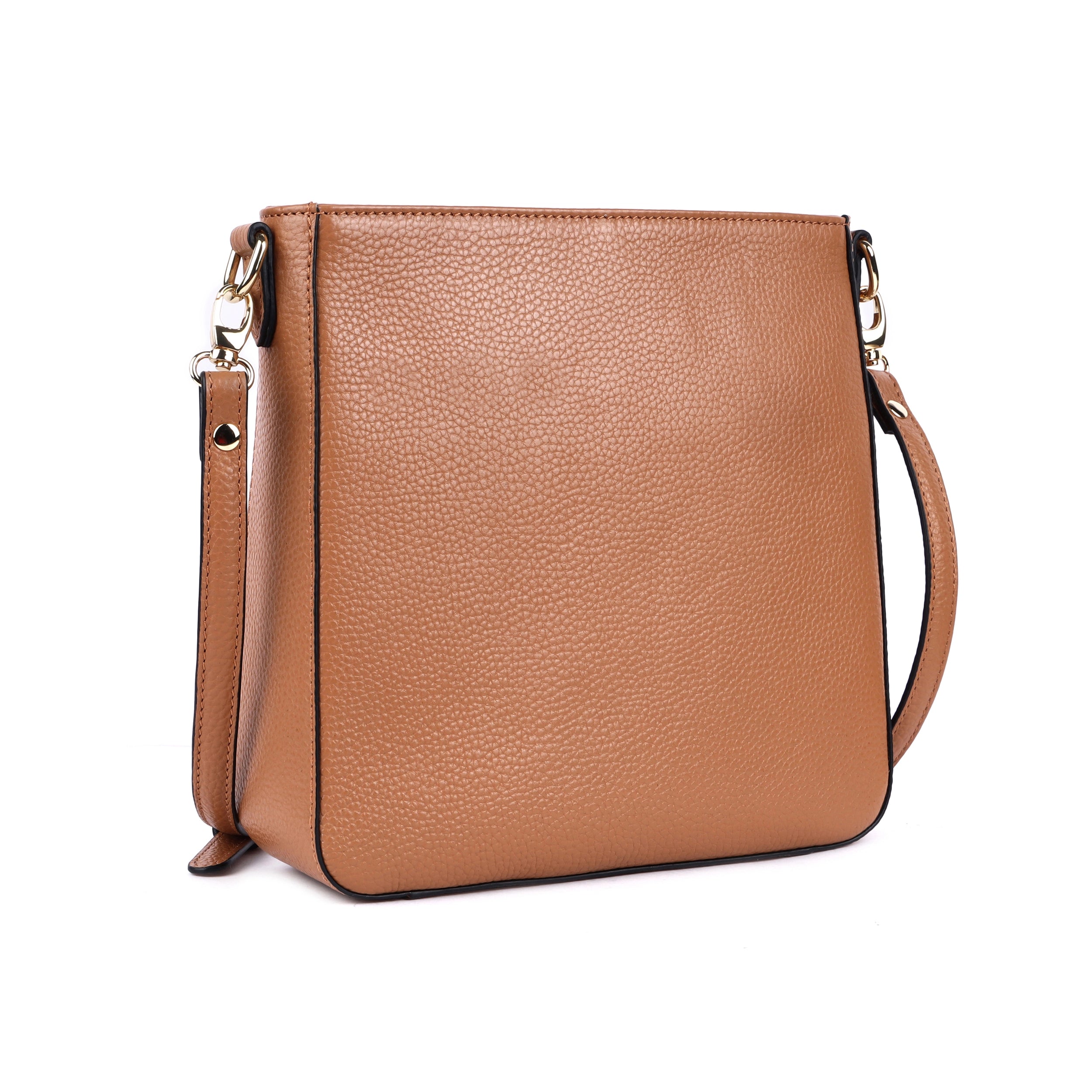 Rugged Hide Darwin Bag, a structured leather crossbody bag with gold fittings, textured Floater leather, versatile adjustable straps, and multiple internal and external pockets. Features a stripe lining for added style.