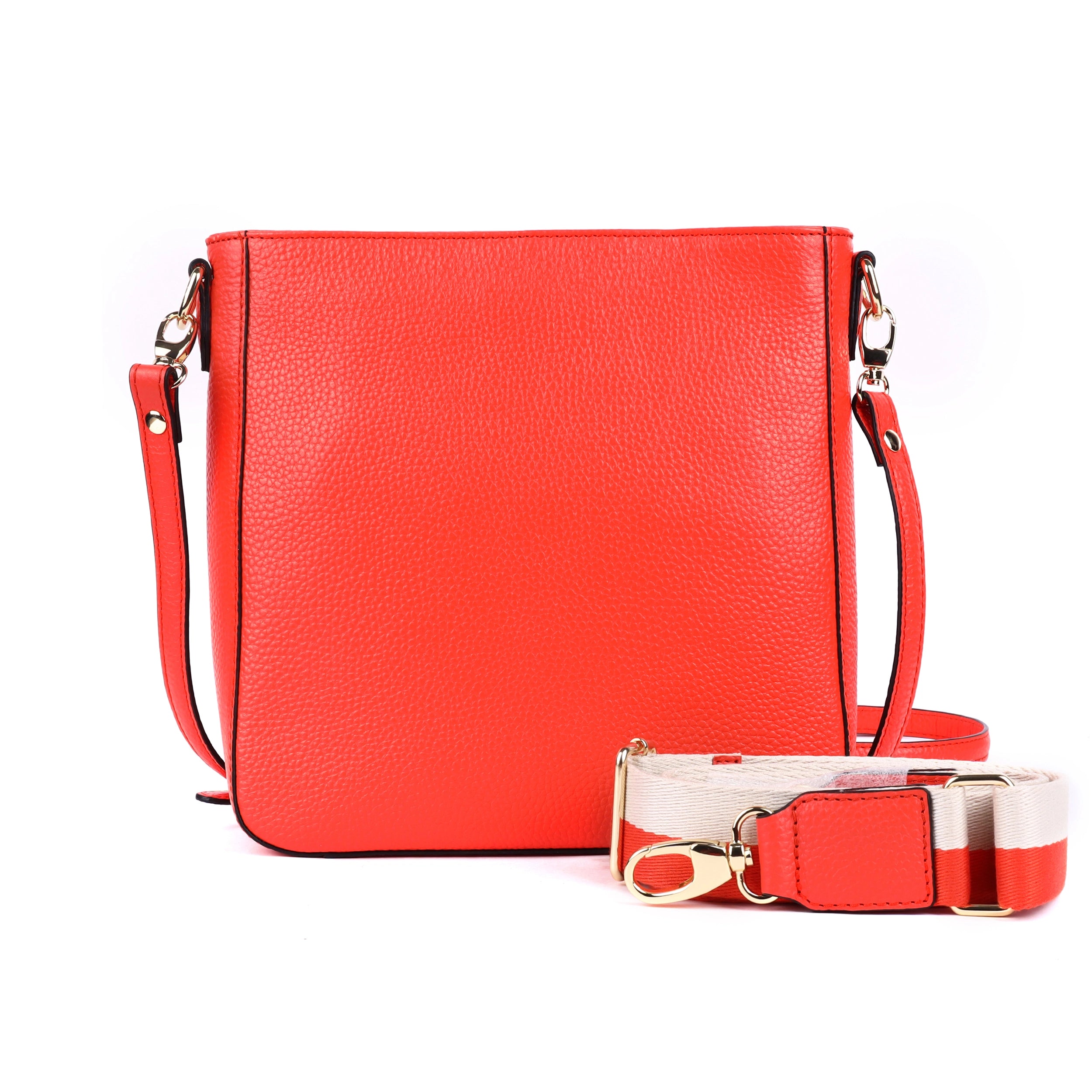 Rugged Hide Darwin Bag, a structured leather crossbody bag with gold fittings, textured Floater leather, versatile adjustable straps, and multiple internal and external pockets. Features a stripe lining for added style.