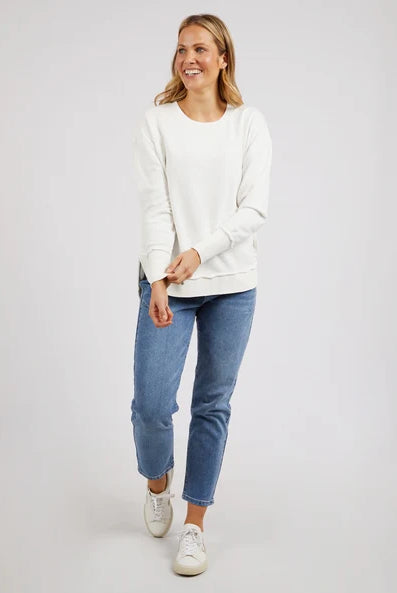 Delilah Crew jumper in Vintage White featuring a crew neckline, ribbed detailing, and a relaxed fit with a curved hem.