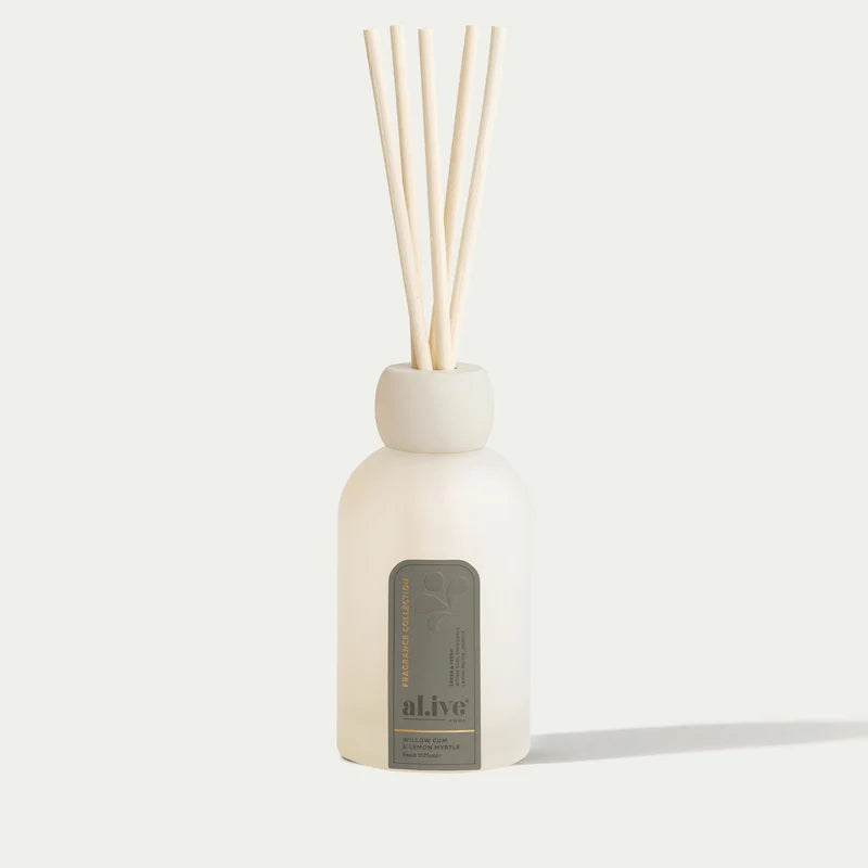 al.ive Willow Gum & Lemon Myrtle reed diffuser in a frosted glass vessel with natural reeds.