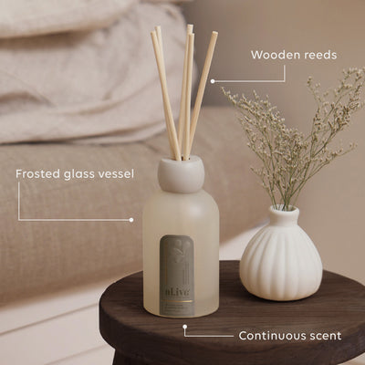 al.ive Willow Gum & Lemon Myrtle reed diffuser in a frosted glass vessel with natural reeds.