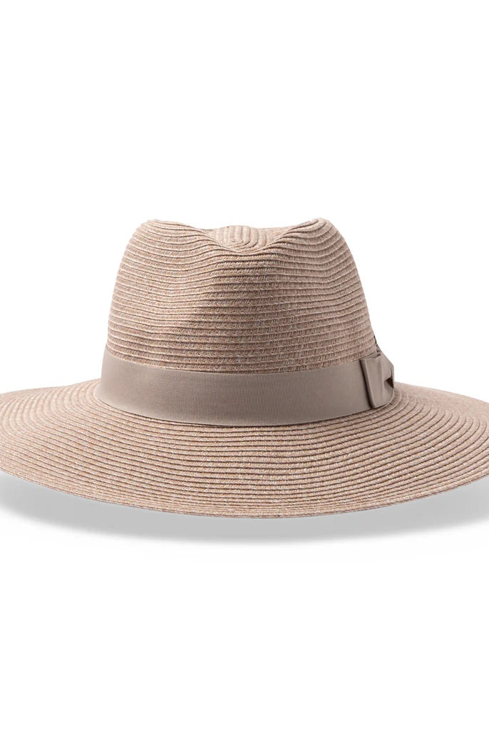 Fiona Wide Brim Fedora in sandstone, made from Flexibraid® with a shallow crown and wide brim for sun protection.