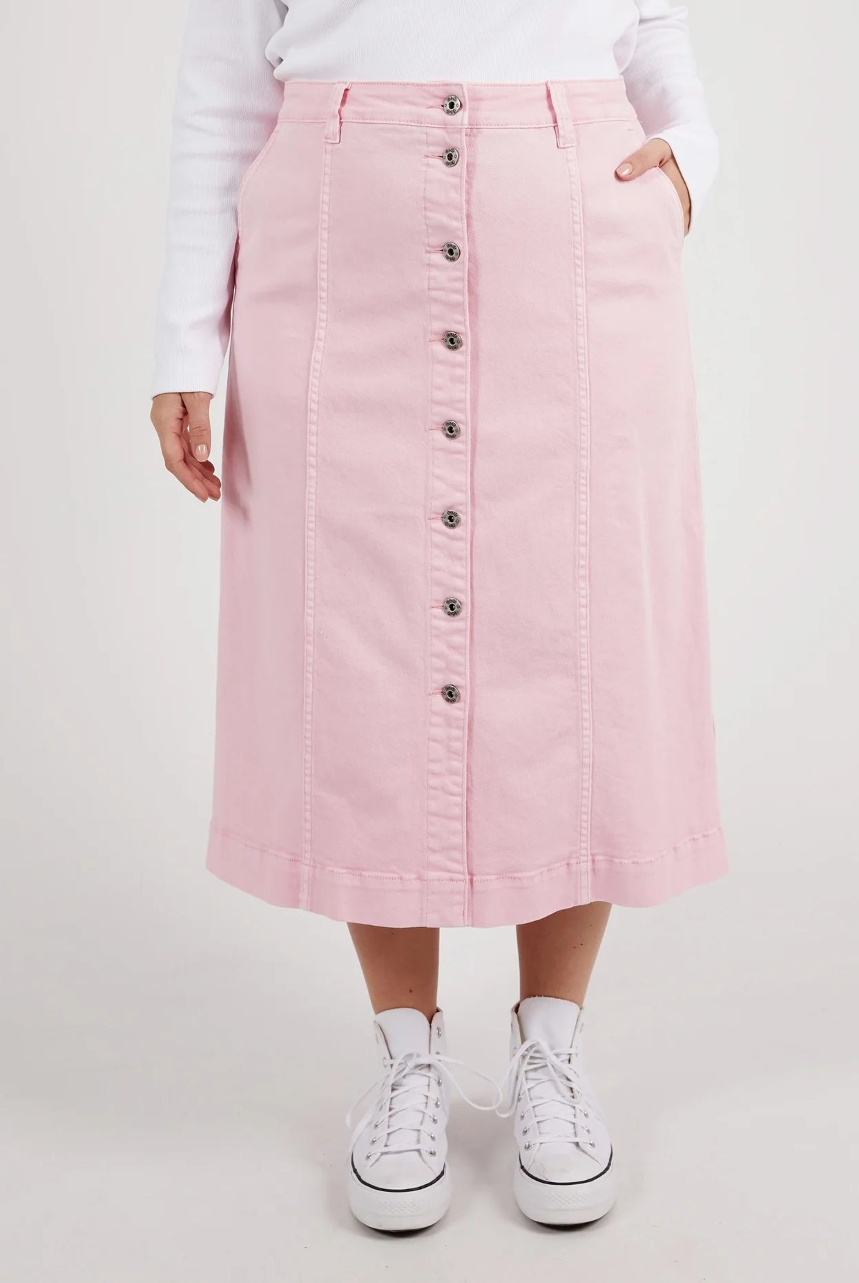 The Splendid Pink Florence Button Thru Skirt by Elm is currently available at Rawspice Boutique.