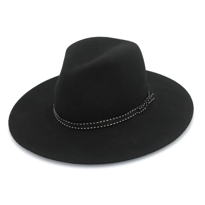 A black wool felt fedora with a wide flat brim, white feature stitching, and a grosgrain ribbon, offering UPF50+ sun protection and an adjustable fit.
