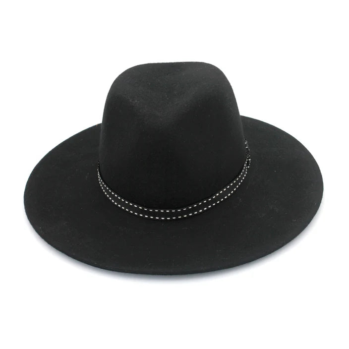 A black wool felt fedora with a wide flat brim, white feature stitching, and a grosgrain ribbon, offering UPF50+ sun protection and an adjustable fit.