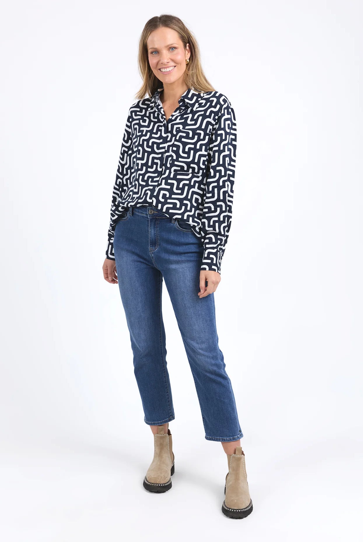 Gemma Geo Shirt in navy with a white geometric print, featuring a classic fit, button-down front, and lightweight fabric for versatile, everyday styling.