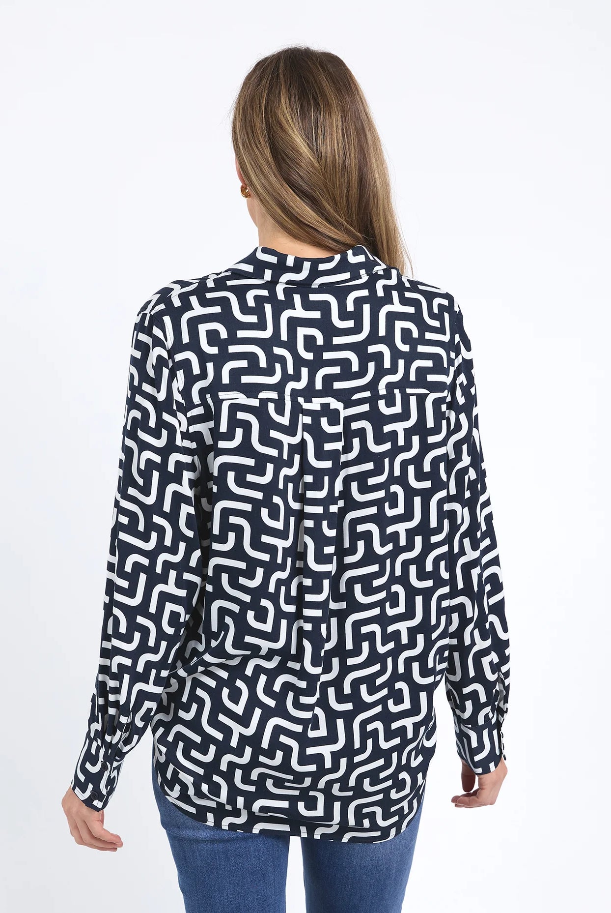 Gemma Geo Shirt in navy with a white geometric print, featuring a classic fit, button-down front, and lightweight fabric for versatile, everyday styling.