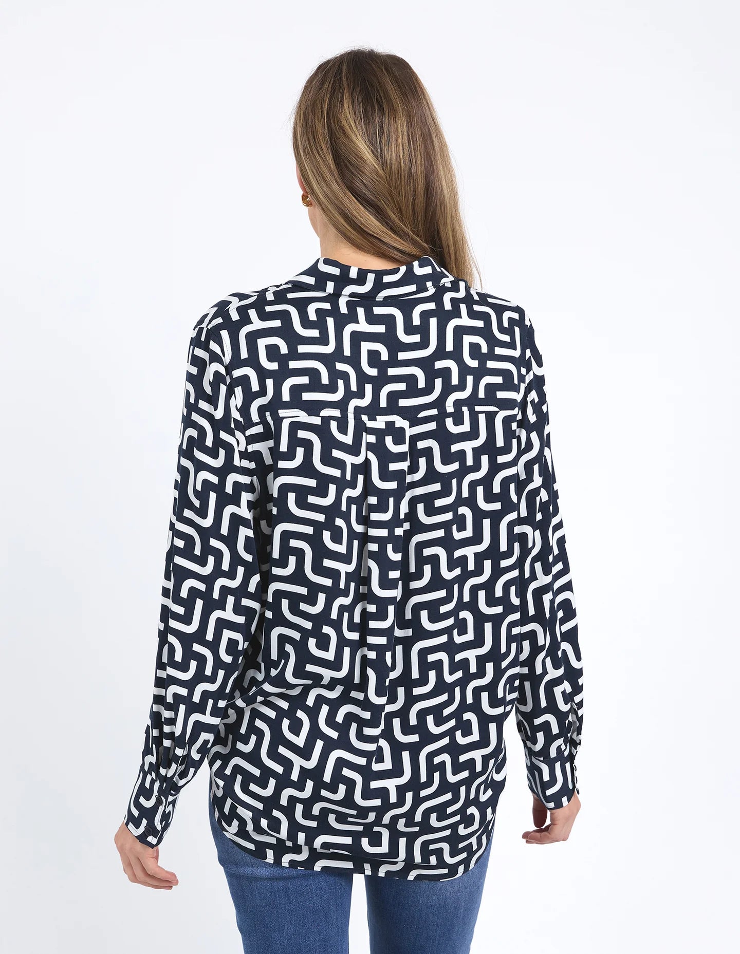 Gemma Geo Shirt in navy with a white geometric print, featuring a classic fit, button-down front, and lightweight fabric for versatile, everyday styling.