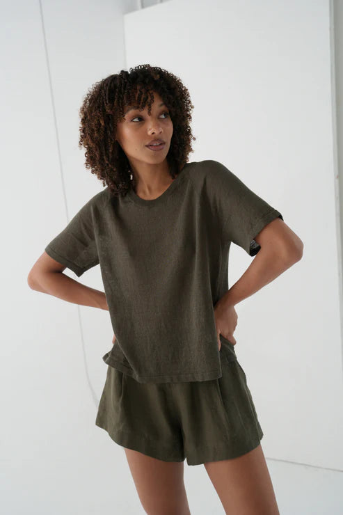Grace Linen Knit Top in Khaki, sheer featherlight 100% European linen knit with raglan short sleeves and a minimal elegant design.