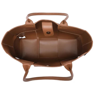 Gwen Handbag in chocolate vegan leather with structured shape, shoulder handles, magnetic closure, and light gold hardware.