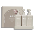Hair & Body Trio – Hydrate featuring sulfate-free shampoo, nourishing conditioner, and rich body wash in a neutral stone-colored set.