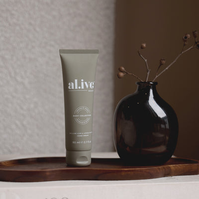 al.ive Hand Cream in Willow Gum & Lemon Myrtle, an 80ml nourishing hand cream with a fresh native Australian scent.