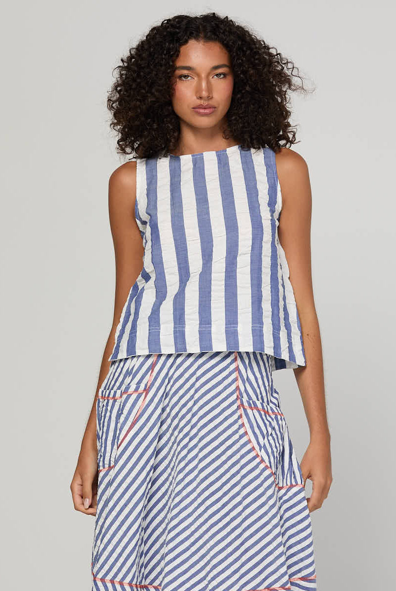 Boom Shankar Hara Top in Ocean Stripe featuring vertical stripes, a high scoop neckline, sleeveless design and fitted silhouette.