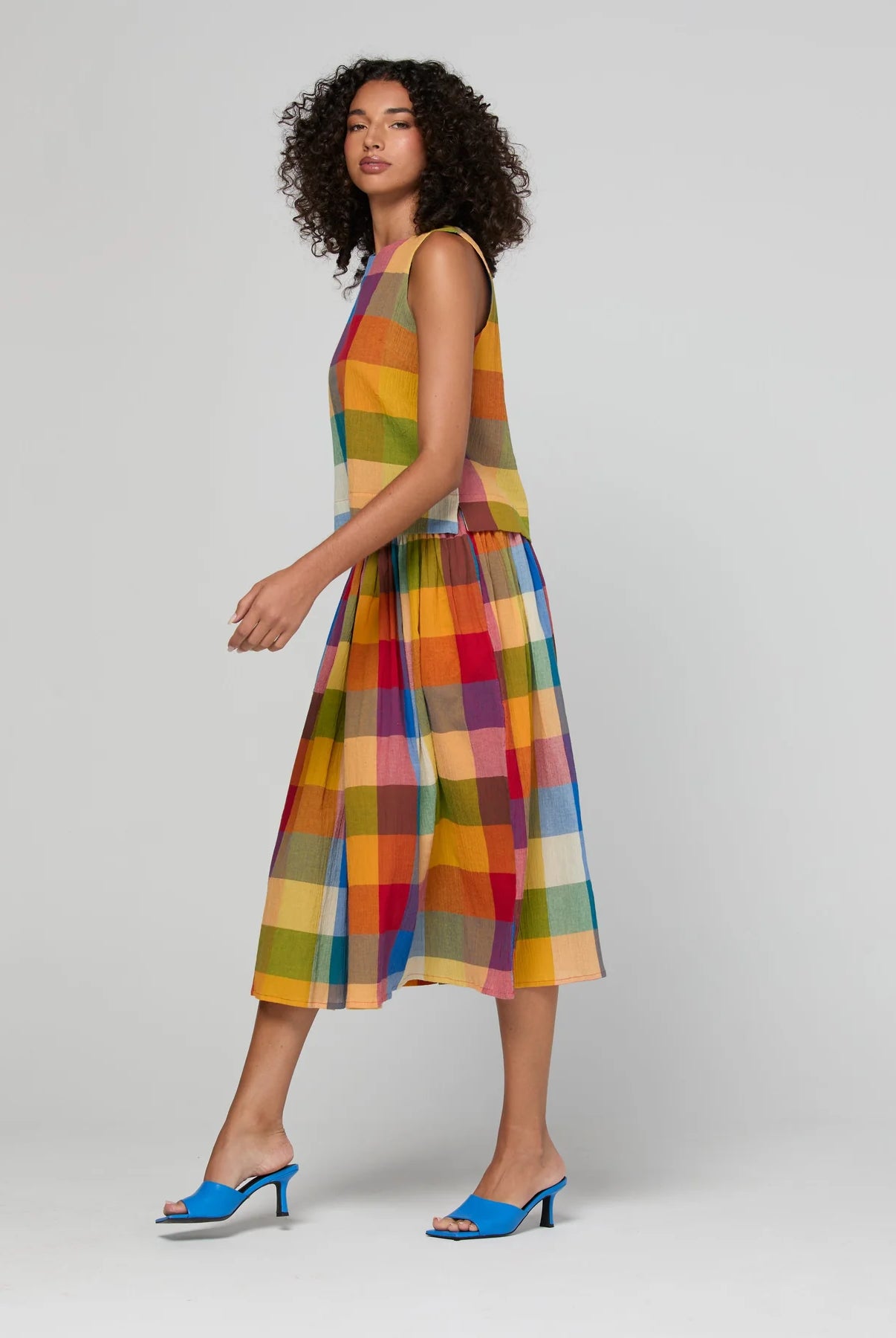 Hara Top in Kingston Check featuring a sleeveless design, round neckline, fitted shoulders and bust, and back keyhole with covered button detail.