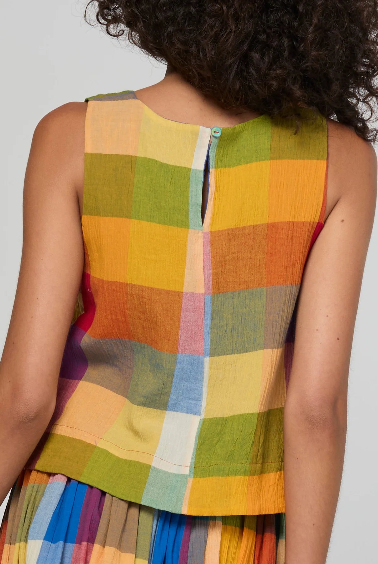 Hara Top in Kingston Check featuring a sleeveless design, round neckline, fitted shoulders and bust, and back keyhole with covered button detail.