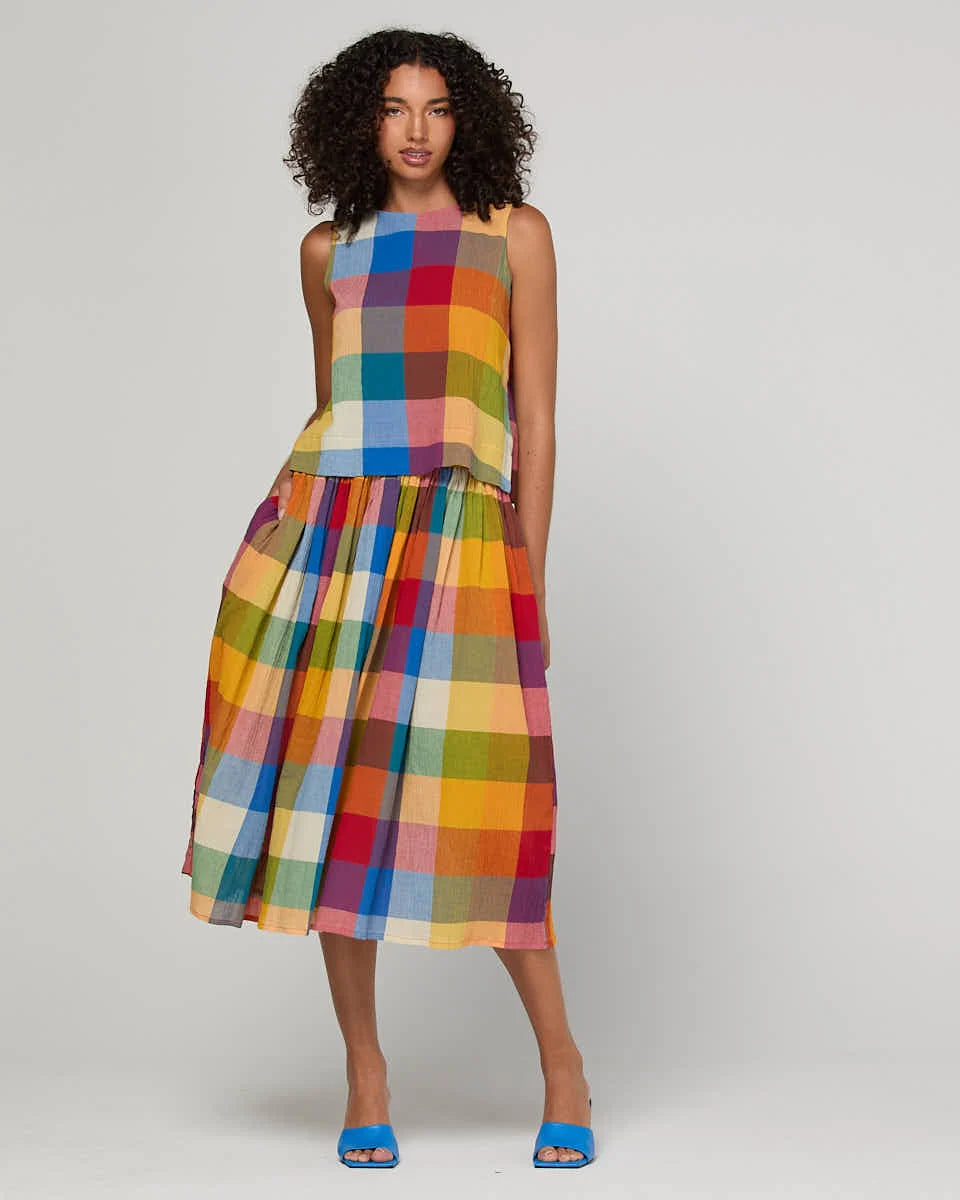 Hara Top in Kingston Check featuring a sleeveless design, round neckline, fitted shoulders and bust, and back keyhole with covered button detail.