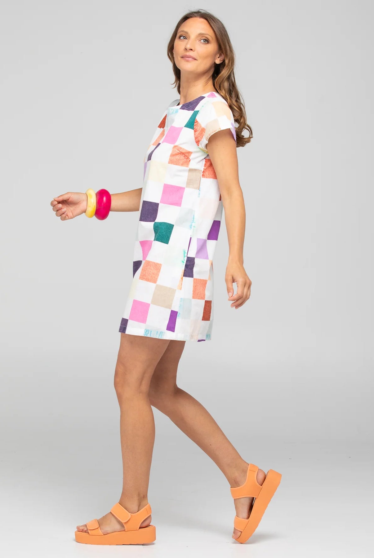 Harper Dress in Gea print. Classic shift silhouette in stonewashed multicolour checks, offering a relaxed and stylish everyday look.