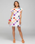 Harper Dress in Gea print. Classic shift silhouette in stonewashed multicolour checks, offering a relaxed and stylish everyday look.