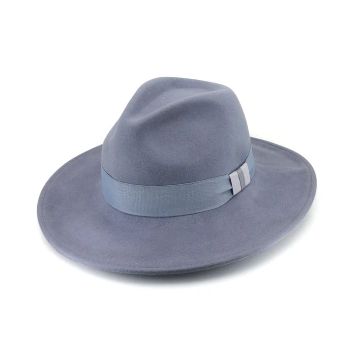 A stylish light blue wool felt fedora with a pinched crown, wide flat brim, and a tonal grosgrain ribbon, offering UPF50+ sun protection and an adjustable ComfyFit band for a perfect fit.