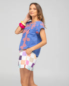Hazel Short in Gea print. Lightweight, flattering summer shorts styled with a matching Hara Top for a coordinated warm-weather look.
