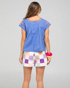 Hazel Short in Gea print. Lightweight, flattering summer shorts styled with a matching Hara Top for a coordinated warm-weather look.
